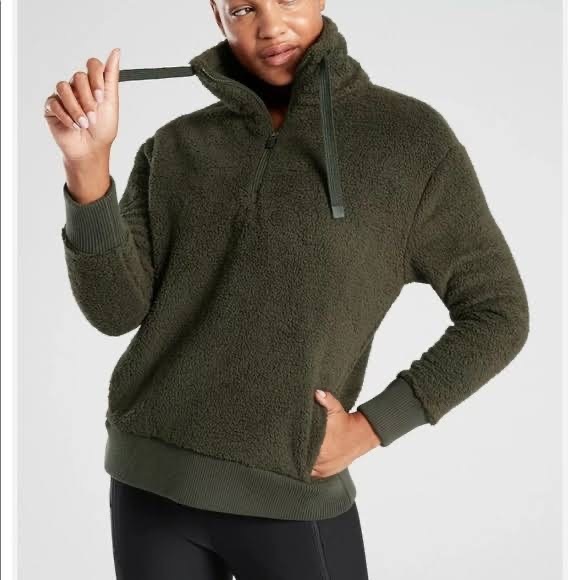 Athleta Talus Sherpa 1/2 Zip Pullover, Army Green, Barely Worn, Size L - Picture 1 of 8